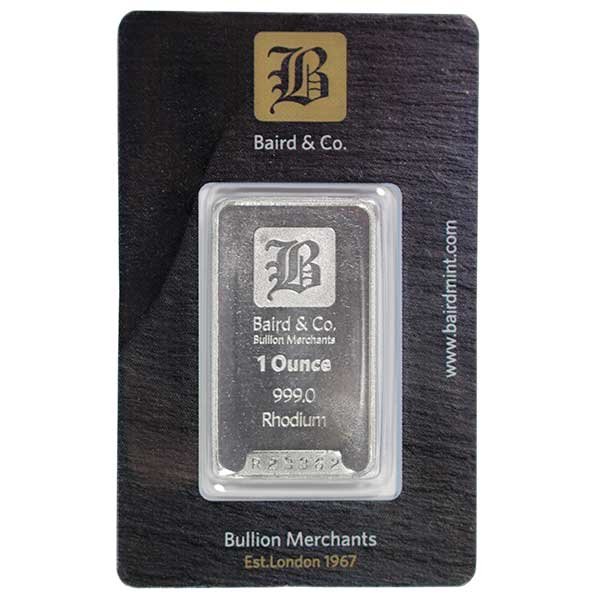 Baird & Co. 1 oz Rhodium Bar in tamper-evident assay card