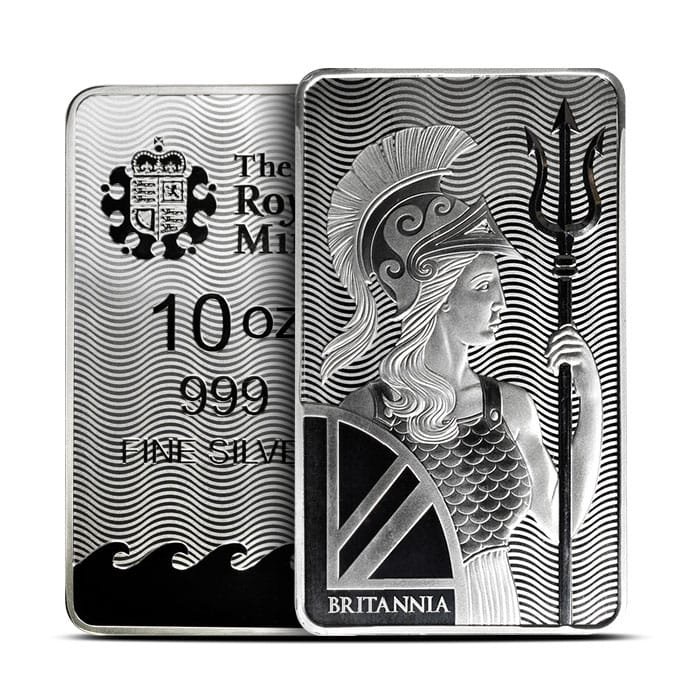 both_1_ 10 oz British Silver Britannia Bar featuring Britannia design