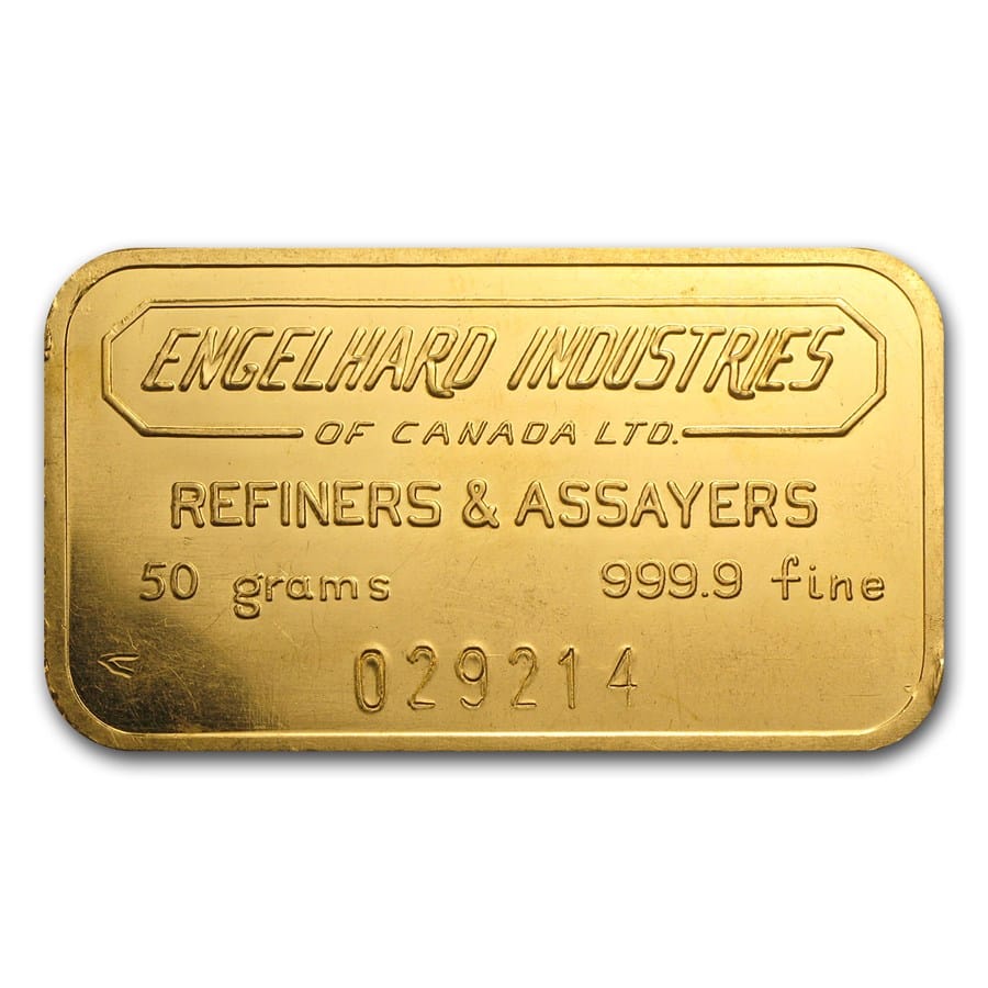 50-gram-gold-bar-engelhard-industries-of-canada_14310_Obv 50 gram Engelhard Industries of Canada Gold Bar