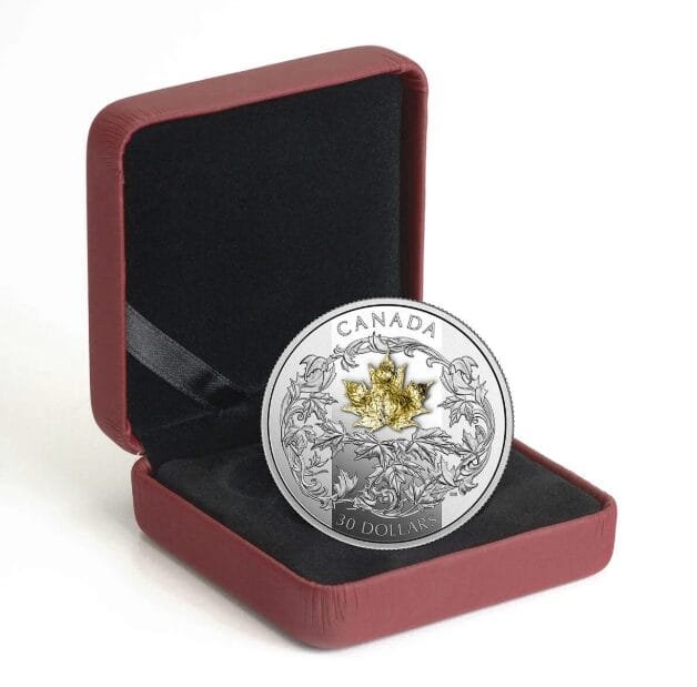 Screenshot 2025-12-04 064153 2018 Falling 3D Gold Maple Leaf Silver Coin with 18K Gold Leaf Design
